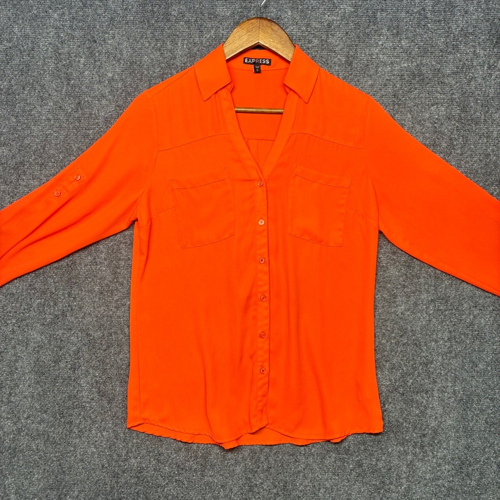 Express Portofino Orange Utility Top Small V Neck Roll Tab Sheer Office Siren
